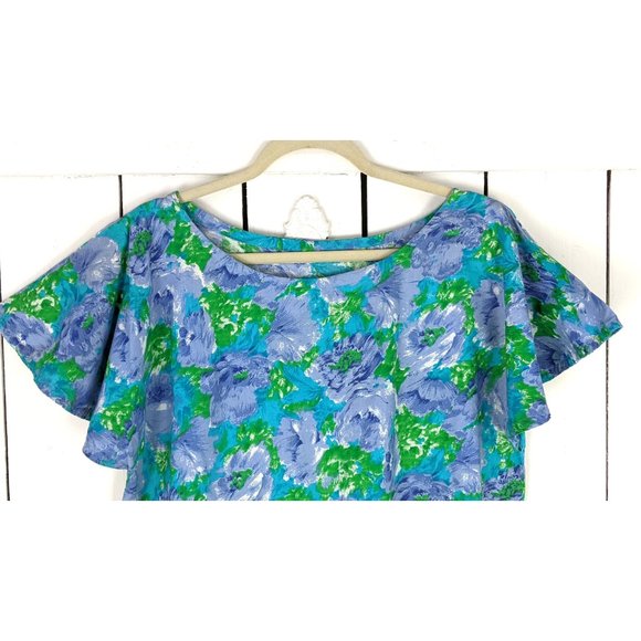 Vintage blue purple floral flutter sleeve cotton cover up sun dress - Picture 3 of 5